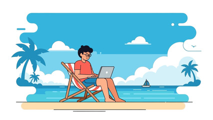 Vibrant flat illustration depicting a young man working remotely on a laptop, comfortably seated on a striped beach chair amidst a serene tropical beach scene with palm trees and a tranquil ocean