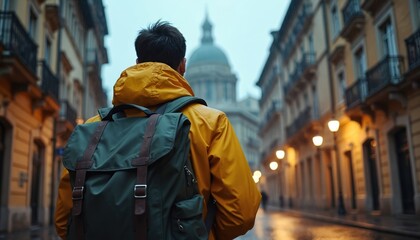 Man with backpack walks down wet city street with old buildings. Yellow jacket contrasts with dark architecture. Rain falls on pavement, streetlights glow warmly. Explores historic European town solo.