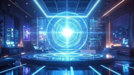 Futuristic room with a portal and advanced technology displays, showcasing a blend of comfort and innovation. - Powered by Adobe