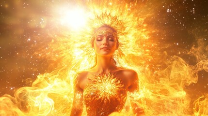 Woman radiates energy illuminated by golden light abstract spiritual concept
