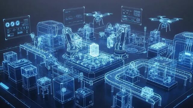 Futuristic automated factory floor with robotic arms and drone technology for production.