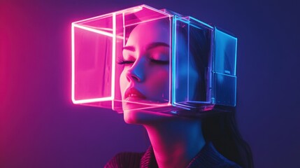 Woman with illuminated cube structure futuristic portrait digital art