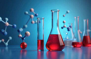 Beakers hold red liquid near floating molecules on blue background. Science lab equipment and molecular structures for research or experiment. Chemical analysis and medical discovery.