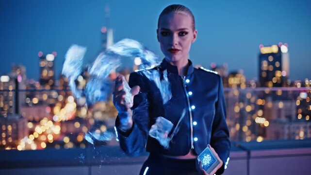 Mesmerizing magician shuffles glowing cards with stylish blue suit against a viintimate apparelnt cityscape at night, creating a captivating visual display.