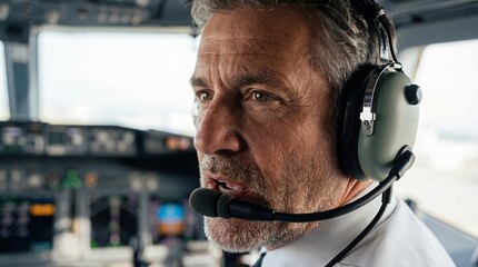 Pilot communicating with crew inside aircraft cockpit during flight operation