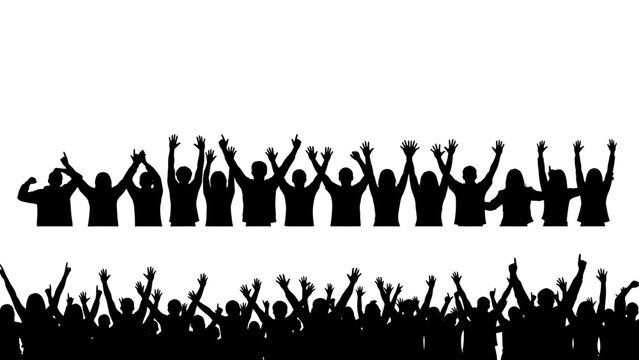A large crowd of people with their hands raised in celebration against a white background