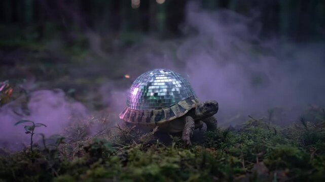 Tortoise with Disco Ball Shell Walking in Mossy Forest with Purple Fog 3D Render