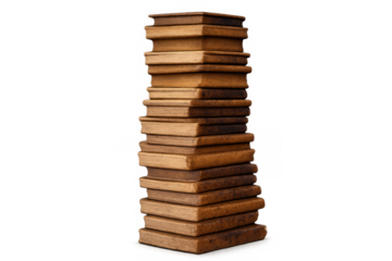 Stack of antique leather books representing stories, wisdom, history, and academic achievement, on a transparent background