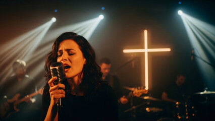 Woman singing with band on stage. Worship music concert in a church with a glowing cross. Christian praise and spiritual event. Baptist and Pentecostal services. Song to Jesus.