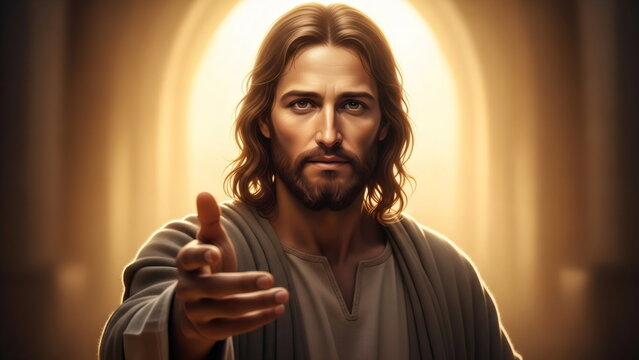 Jesus christ reaching out with a hand, inviting viewers to connect with faith and spirituality. Religious concept with divine light.