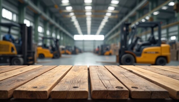 Empty wooden tabletop in blurred factory or warehouse. Forklifts and industrial equipment visible in background. Space for product placement.
