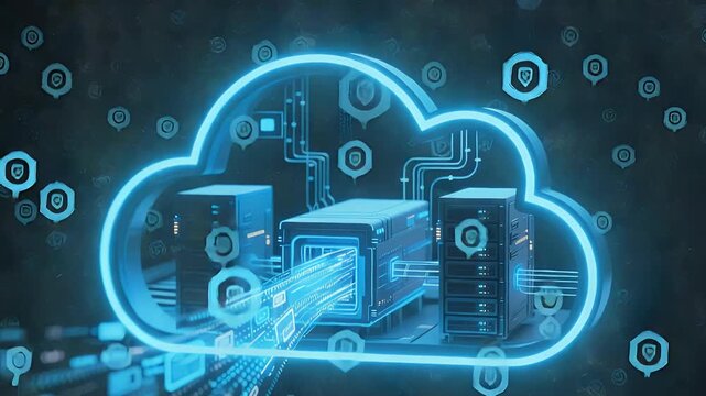 A digital illustration of a cloud computing concept featuring servers and data transfer streams, emphasizing technology and cybersecurity themes.