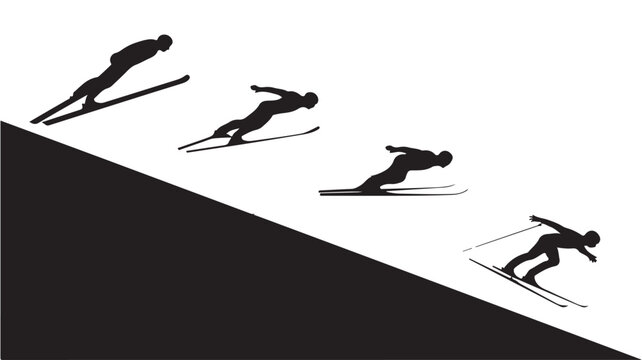 Ski Jumper Black Silhouette Sequence Downhill Skiing Vector Illustration on White
