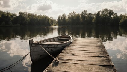 Obraz premium A rowboat tied to a wooden dock, reflecting on calm lake waters with a treeline background