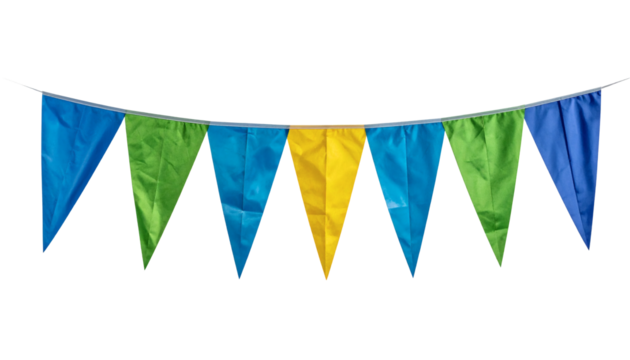 Brighten your celebration with vibrant party bunting of blue, green and yellow triangles for instant festive flair - Powered by Adobe