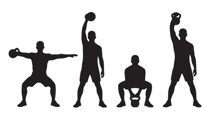 Kettlebell workout silhouettes with dynamic fitness poses in high contrast black and white vector graphic for gym promotion.