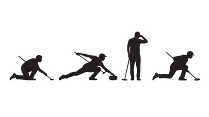 Curling Players Silhouettes in Dynamic Action with Black and White Graphic Illustration for Winter Sports Design.