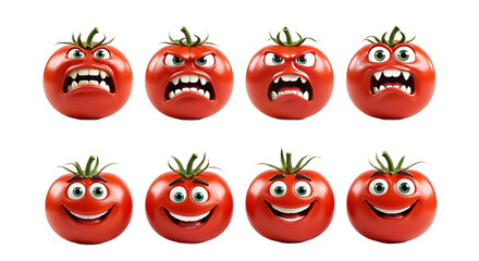 png isolated Tomatoes with smiling faces and angry faces on a transparent background, Generative AI