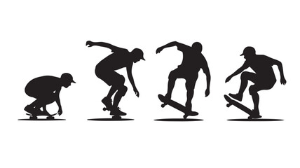 Skateboarders performing dynamic tricks in silhouette style with black and white graphic vector illustration for extreme sport branding.