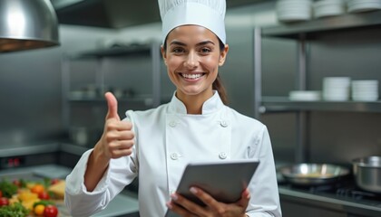 Happy female chef gives thumbs up while holding tablet in commercial kitchen. Professional woman wearing uniform, cooks food, uses tech for recipes and orders.