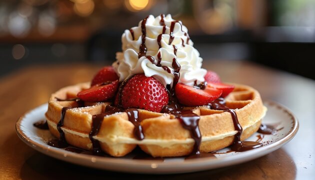 Belgian waffle topped with fresh strawberries, whipped cream, and rich chocolate syrup. Close up of sweet breakfast treat on plate. Delicious dessert with fruit and cream.