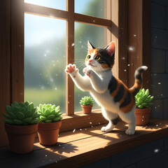 playful kitten on windowsill batting at sunlit dust motes inside a cozy home capturing domestic pet life and morning light