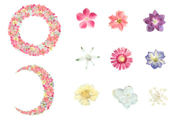 押し花のピンクリースと三日月スワッグ素材セット、背景透過PNG