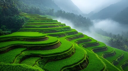 Misty morning view of lush green rice terraces.