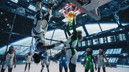 Futuristic basketball game: player in white and blue exoskeleton leaping with glowing orange ball inside futuristic space station - Powered by Adobe