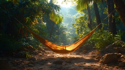 Empty hammock in lush tropical jungle.