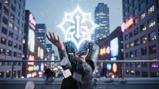 Stylish woman in a silver turtleneck and black vest shuffles cards against a blurred cityscape at dusk, creating a dynamic and intriguing scene