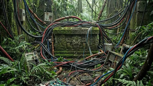 Ancient Stone Altar Entangled with Wires in Jungle Ruins 3D Render