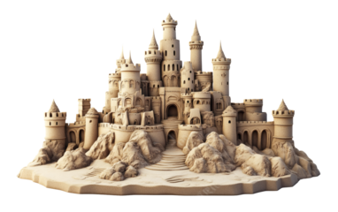 Intricate sandcastle with towers and stairs on rocky beach