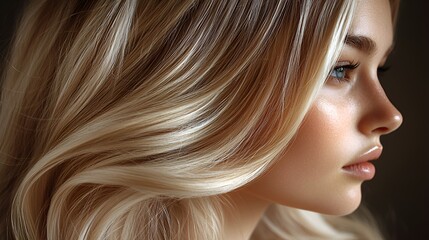 Profile of a woman with long, wavy blonde hair and glowing skin.