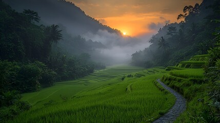 Sunrise over misty rice terraces and valley.