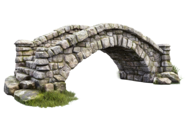 A serene ancient stone bridge stands, surrounded by patches of green grass and moss, evoking a sense of history and solitude.