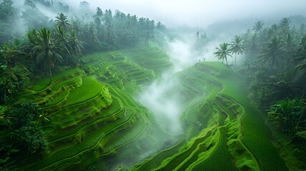 Misty morning view of lush green rice terraces. (1)