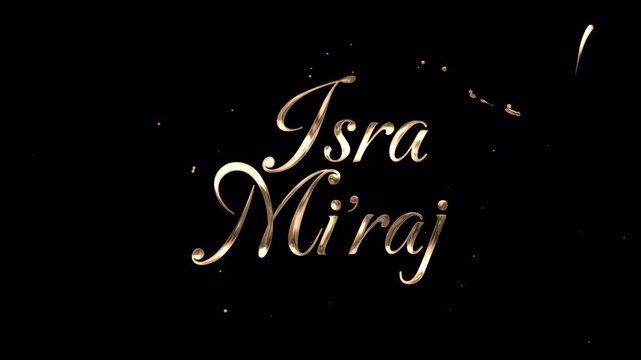 Isra miraj golden text elegantly shimmers on a black background, perfect for islamic event promotions, posters, or social media graphic.