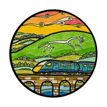 White horse hill, Uffington, England, UK. Ink on canvas illustration. 