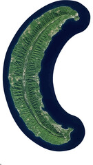 Obraz premium Aerial view of a crescent-shaped island surrounded by dark blue ocean waters