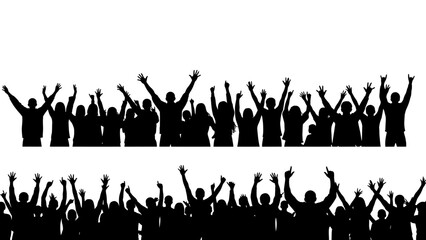 A group of people with their hands raised in celebration against a white background