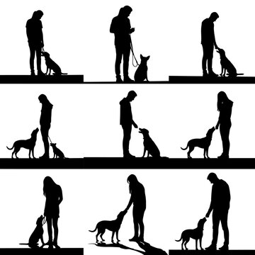 A series of silhouettes depicting people training dogs in various obedience commands and interactions.