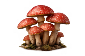 Group of toxic amanita muscaria mushrooms with distinct red spotted caps. A symbol of nature, magic, and autumn