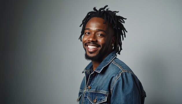 Smiling african american man with dreadlocks wears denim jacket. He looks at camera with a friendly expression. Studio portrait with plain background.