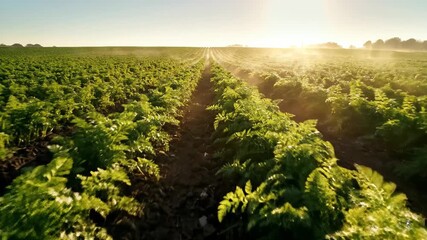 A mesmerizing tracking shot moves slowly and deliberately over endless rows of vibrant green crops in a vast agricultural field, bathed in the warm, golden light of the setting sun, highlighting.