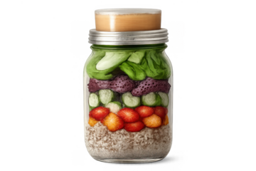 Layering fresh vegetables, fruits, and grains in a clear mason jar, representing healthy meal prep and nutritious eating