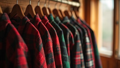 Red and green plaid flannel shirts hang on wooden hangers indoors. Cozy textiles offer warmth and comfort. This attire is perfect for casual wear and relaxation.