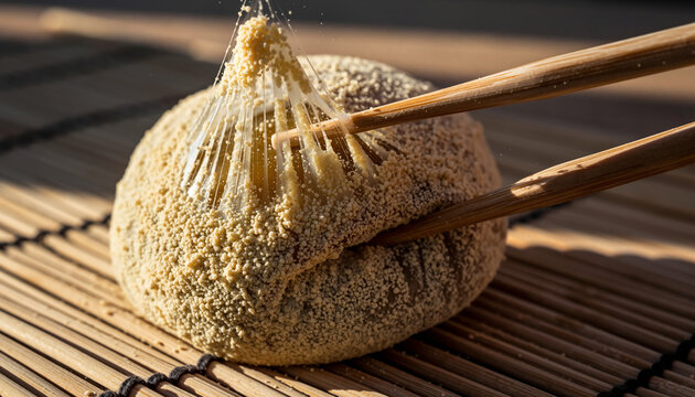 Stretchy Texture of Fresh Kinako Mochi - Pulling Effect