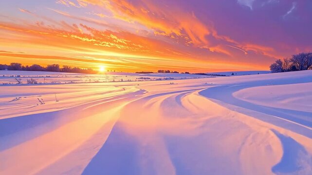 Snowy landscape at sunset with orange and purple sky creating a serene winter scene.