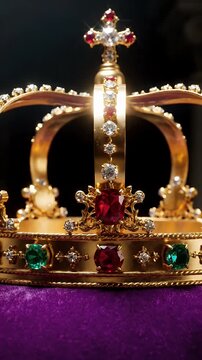 Golden Royal Crown With Red Ruby And Green Emeralds On Purple Pillow